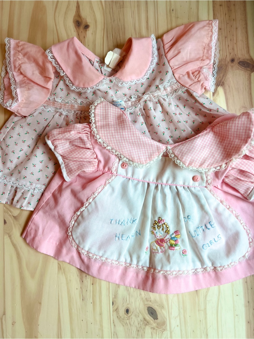 Vintage Set of 2 Pink Embroidered Girls' Pinafore Tops with Peter Pan Collar